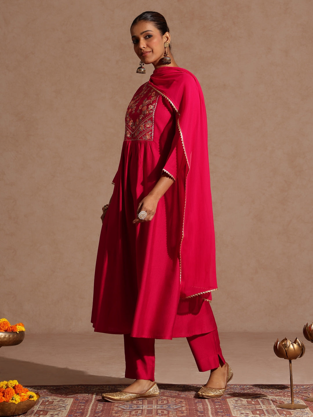 Women's Pink Silk Blend Yoke Embroidered A-line Kurta Set