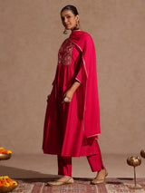 Women's Pink Silk Blend Yoke Embroidered A-line Kurta Set