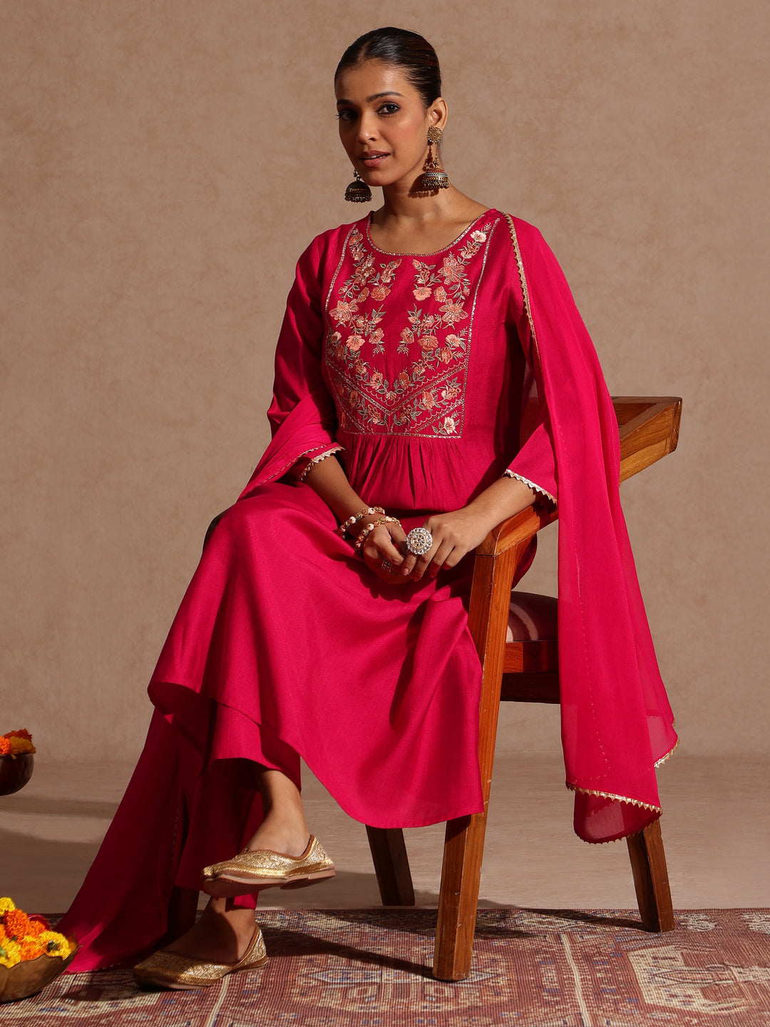 Women's Pink Silk Blend Yoke Embroidered A-line Kurta Set