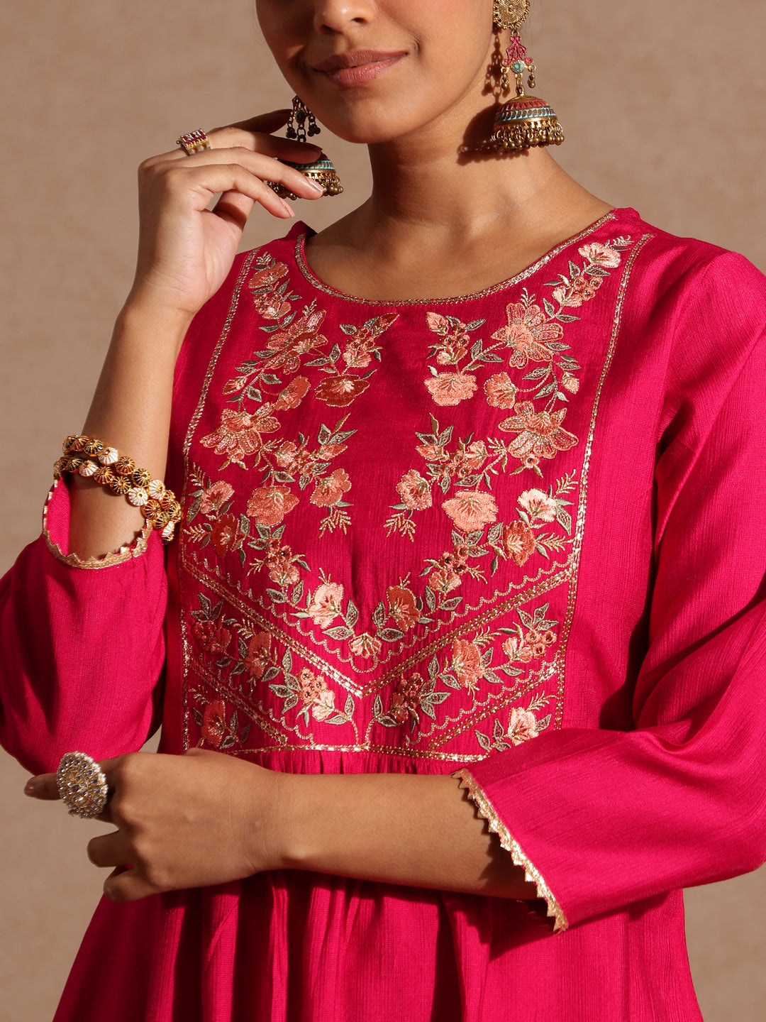 Women's Pink Silk Blend Yoke Embroidered A-line Kurta Set