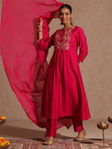 Women's Pink Silk Blend Yoke Embroidered A-line Kurta Set