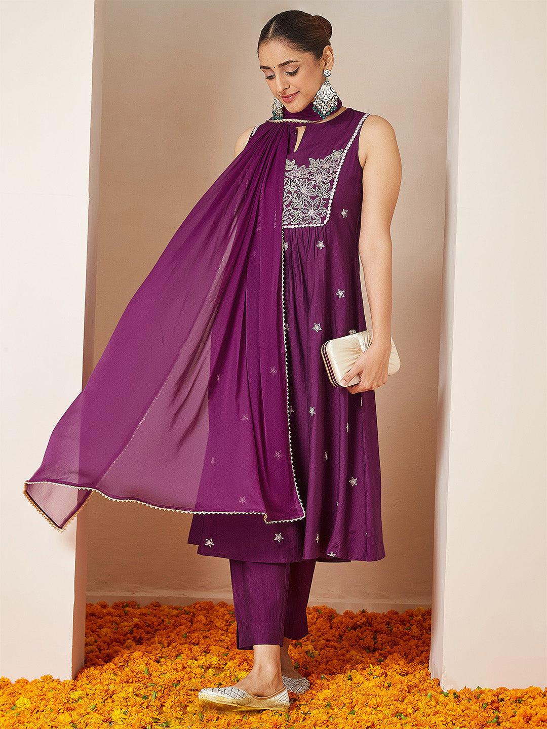 Women's Purple Silk Blend Embroidered Straight Kurta Set
