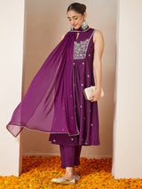 Women's Purple Silk Blend Embroidered Straight Kurta Set