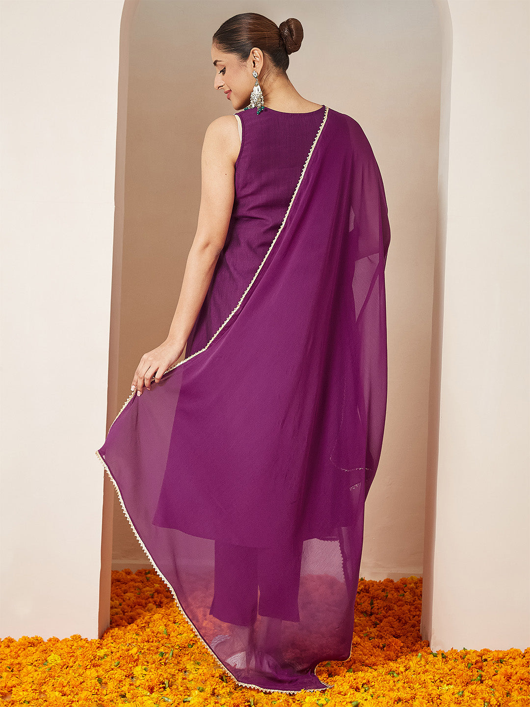 Women's Purple Silk Blend Embroidered Straight Kurta Set