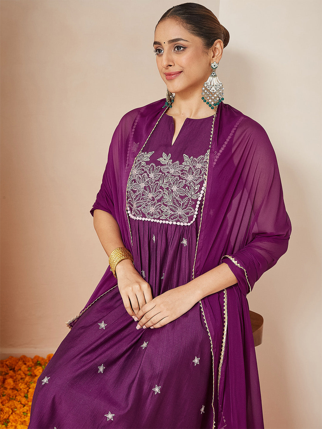 Women's Purple Silk Blend Embroidered Straight Kurta Set