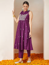 Women's Purple Silk Blend Embroidered Straight Kurta Set