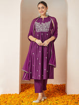 Women's Purple Silk Blend Embroidered Straight Kurta Set