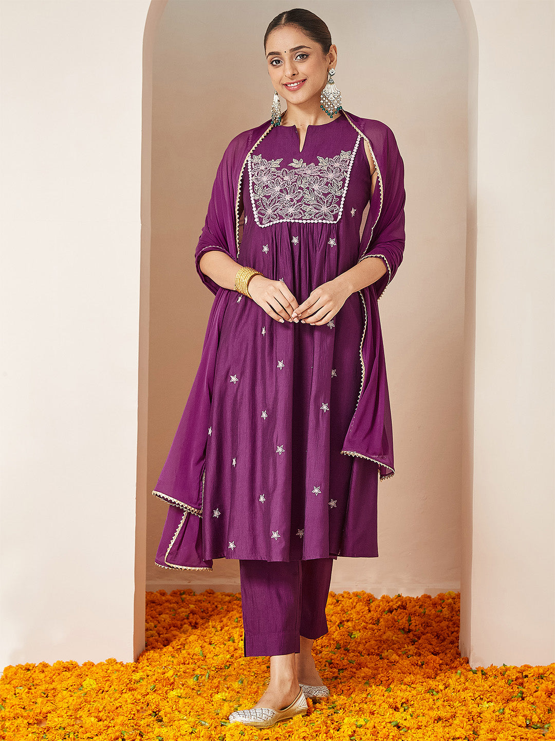 Women's Purple Silk Blend Embroidered Straight Kurta Set