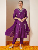 Women's Purple Silk Blend Embroidered A-line Kurta Set