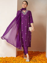 Women's Purple Silk Blend Embroidered A-line Kurta Set