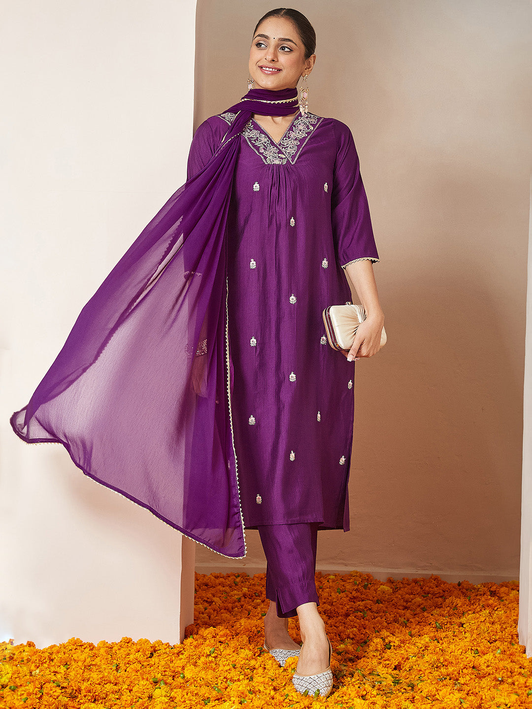 Women's Purple Silk Blend Embroidered A-line Kurta Set