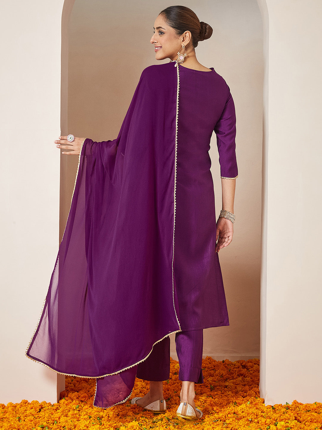 Women's Purple Silk Blend Embroidered A-line Kurta Set