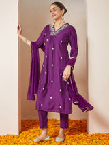 Women's Purple Silk Blend Embroidered A-line Kurta Set