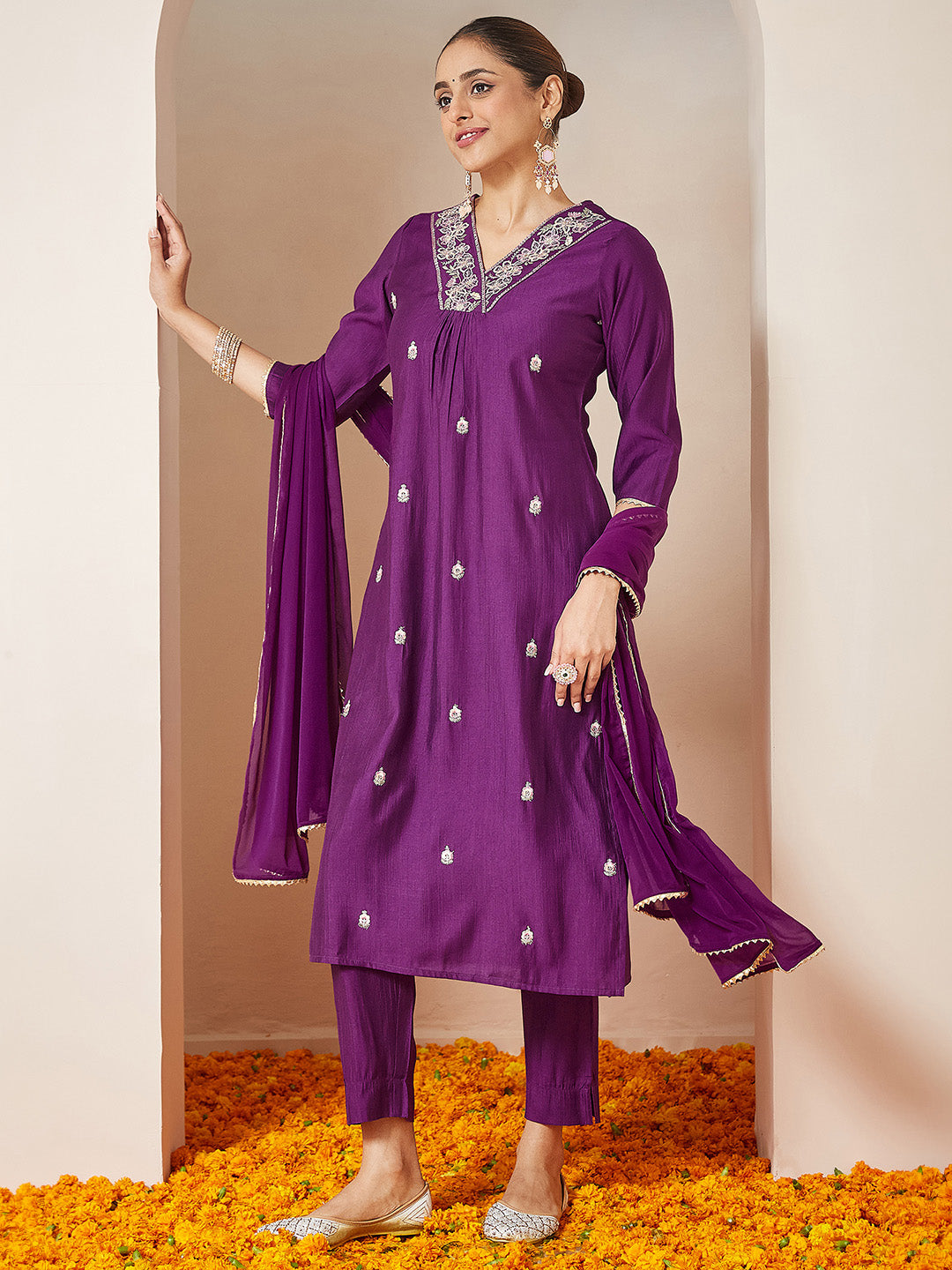 Women's Purple Silk Blend Embroidered A-line Kurta Set