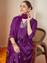 Women's Purple Silk Blend Embroidered A-line Kurta Set