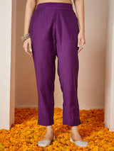 Women's Purple Silk Blend Embroidered A-line Kurta Set