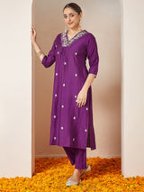 Women's Purple Silk Blend Embroidered A-line Kurta Set
