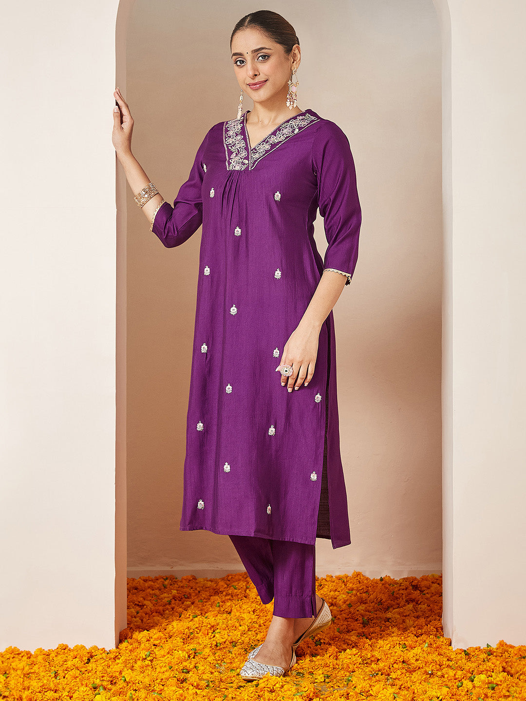 Women's Purple Silk Blend Embroidered A-line Kurta Set