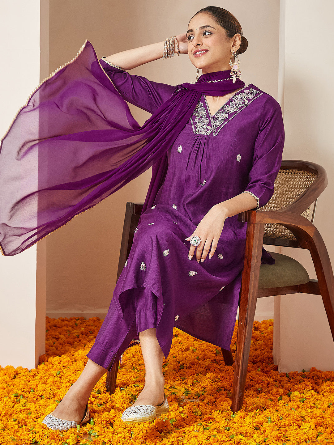 Women's Purple Silk Blend Embroidered A-line Kurta Set