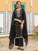 Women's Black Silk Blend Zari Embroidered Straight Kurta Set