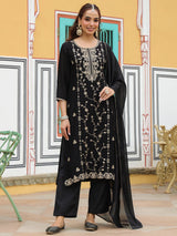 Women's Black Silk Blend Zari Embroidered Straight Kurta Set