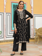 Women's Black Silk Blend Zari Embroidered Straight Kurta Set