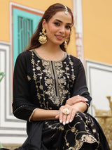 Women's Black Silk Blend Zari Embroidered Straight Kurta Set