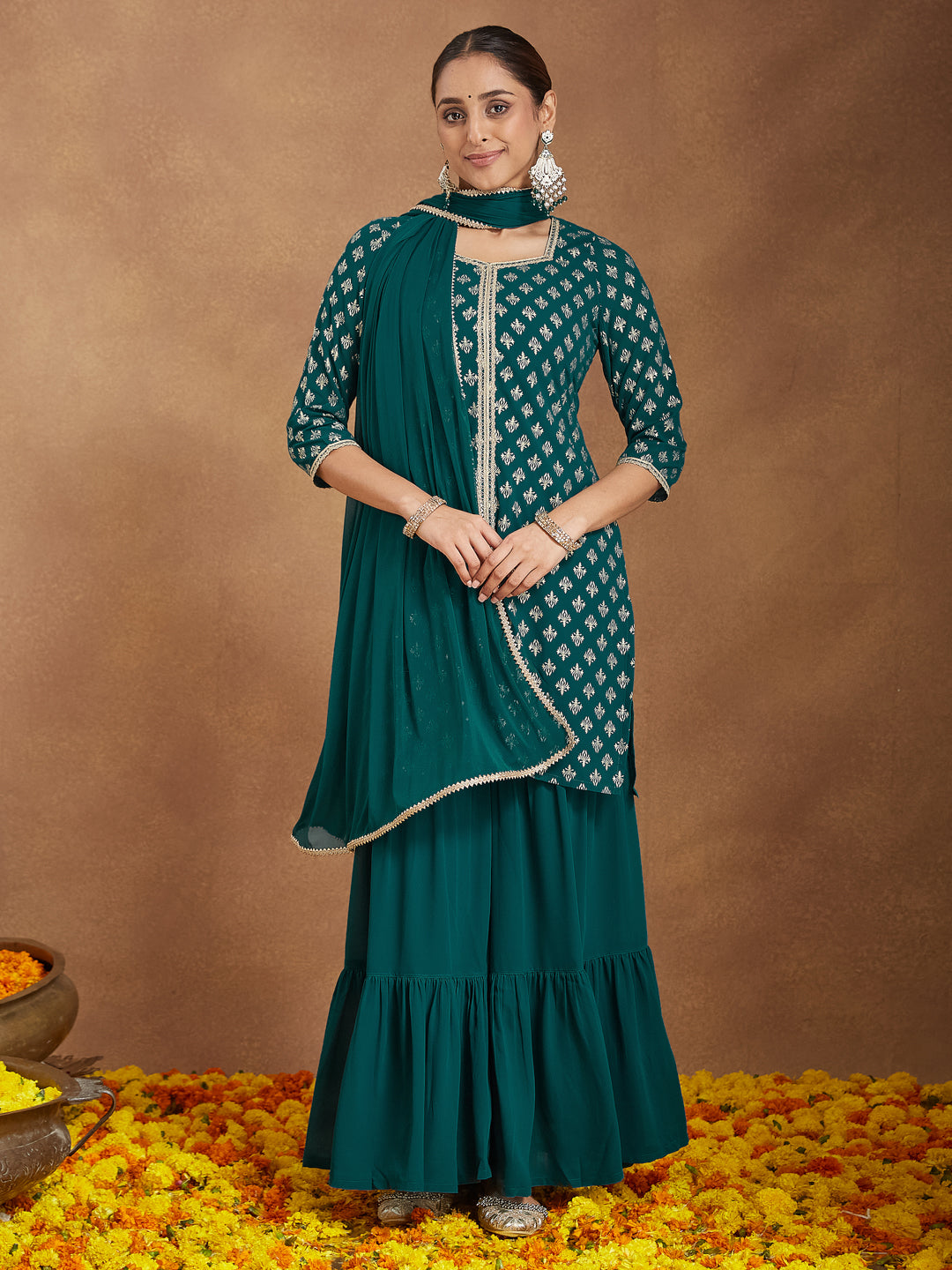 Women's Teal Green Georgette Embellished Foil Printed Straight Kurta With Sharara & Dupatta