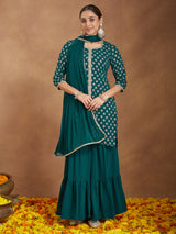 Women's Teal Green Georgette Embellished Foil Printed Straight Kurta With Sharara & Dupatta