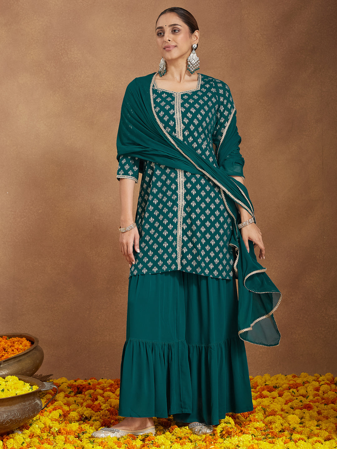 Women's Teal Green Georgette Embellished Foil Printed Straight Kurta With Sharara & Dupatta