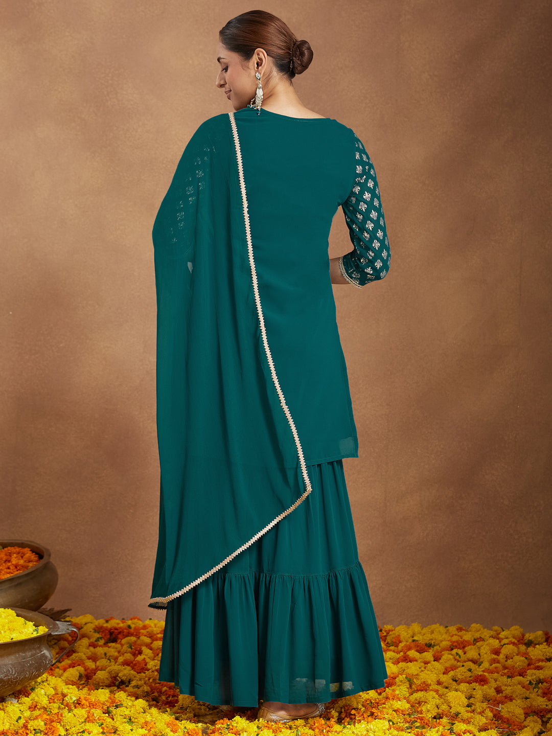 Women's Teal Green Georgette Embellished Foil Printed Straight Kurta With Sharara & Dupatta