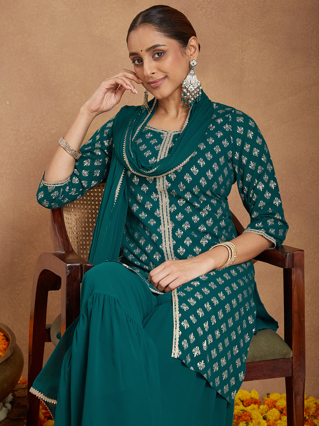 Women's Teal Green Georgette Embellished Foil Printed Straight Kurta With Sharara & Dupatta