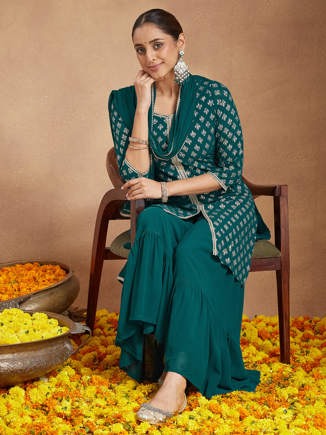 Women's Teal Green Georgette Embellished Foil Printed Straight Kurta With Sharara & Dupatta