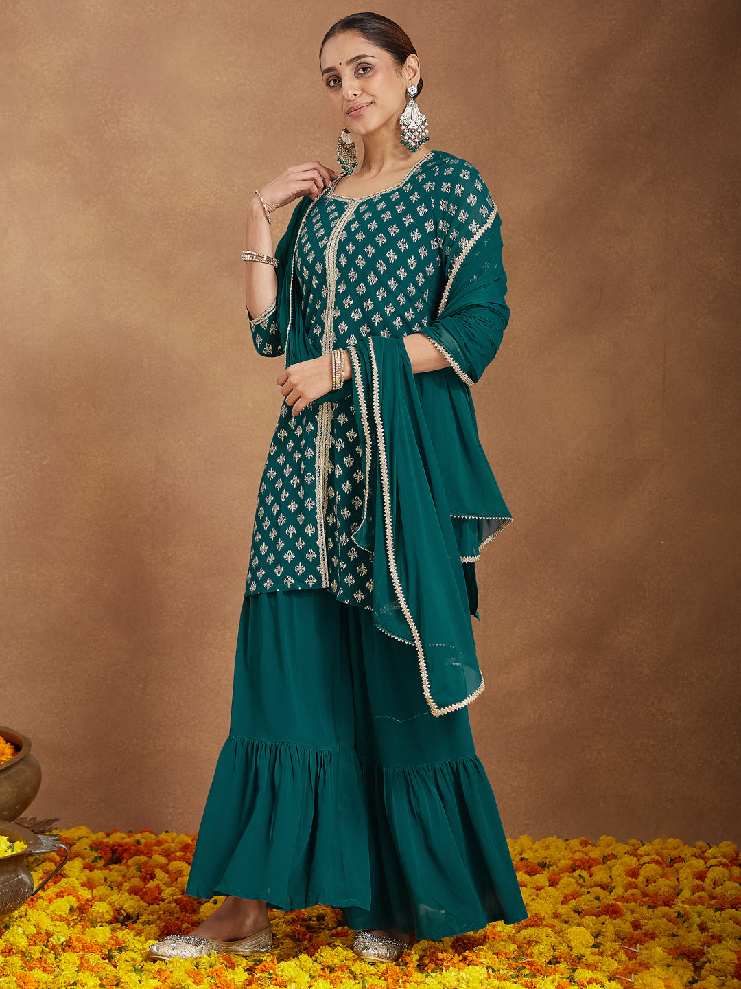 Women's Teal Green Georgette Embellished Foil Printed Straight Kurta With Sharara & Dupatta