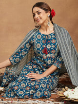 Women's Teal Blue Pure Cotton Floral Printed Straight Kurta Set