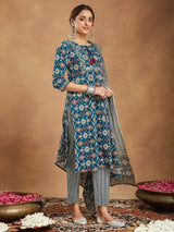 Women's Teal Blue Pure Cotton Floral Printed Straight Kurta Set