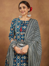 Women's Teal Blue Pure Cotton Floral Printed Straight Kurta Set