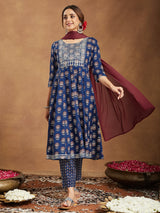 Women's Navy Blue Pure Cotton Yoke Embroidered Floral Printed Anarkali Kurta Set