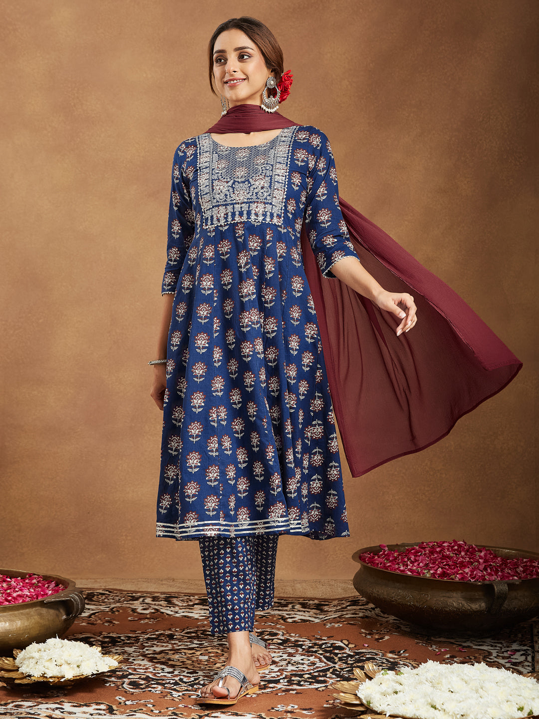 Women's Navy Blue Pure Cotton Yoke Embroidered Floral Printed Anarkali Kurta Set