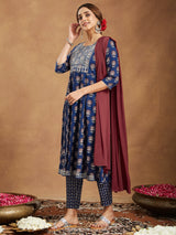 Women's Navy Blue Pure Cotton Yoke Embroidered Floral Printed Anarkali Kurta Set
