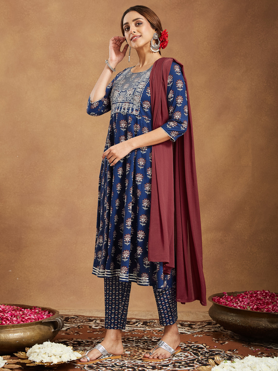 Women's Navy Blue Pure Cotton Yoke Embroidered Floral Printed Anarkali Kurta Set