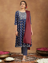 Women's Navy Blue Pure Cotton Yoke Embroidered Floral Printed Anarkali Kurta Set