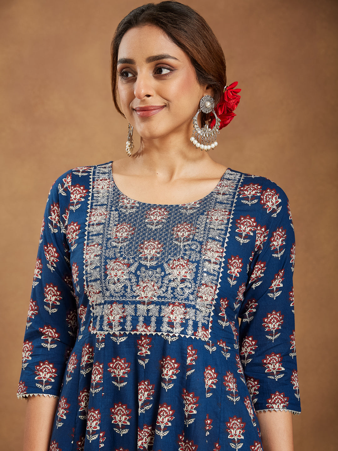 Women's Navy Blue Pure Cotton Yoke Embroidered Floral Printed Anarkali Kurta Set