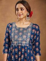 Women's Navy Blue Pure Cotton Yoke Embroidered Floral Printed Anarkali Kurta Set