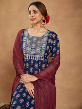 Women's Navy Blue Pure Cotton Yoke Embroidered Floral Printed Anarkali Kurta Set