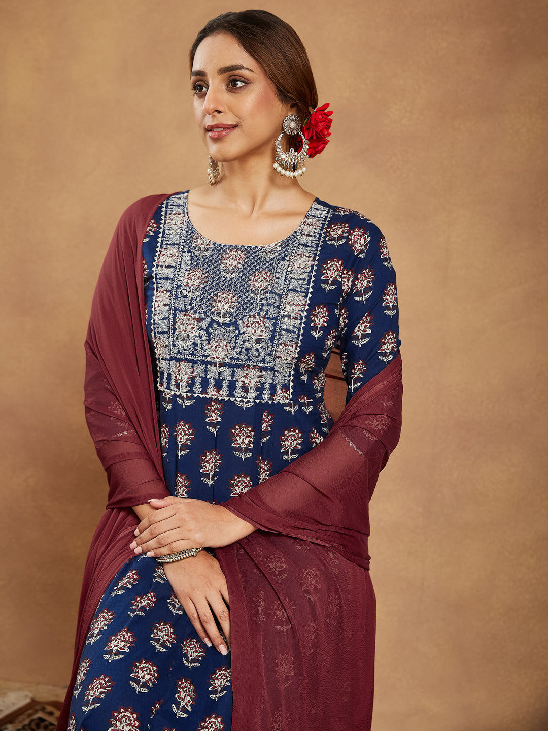 Women's Navy Blue Pure Cotton Yoke Embroidered Floral Printed Anarkali Kurta Set