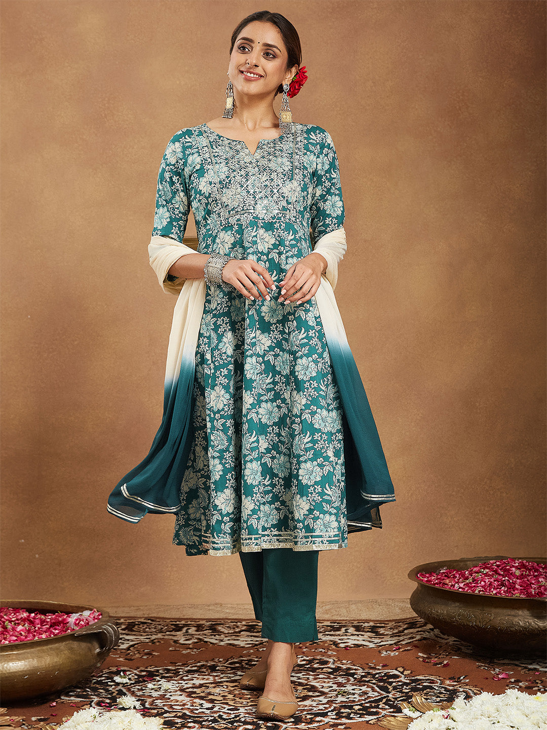Women's Teal Green Pure Cotton Yoke Embroidered Floral Printed Anarkali Kurta Set