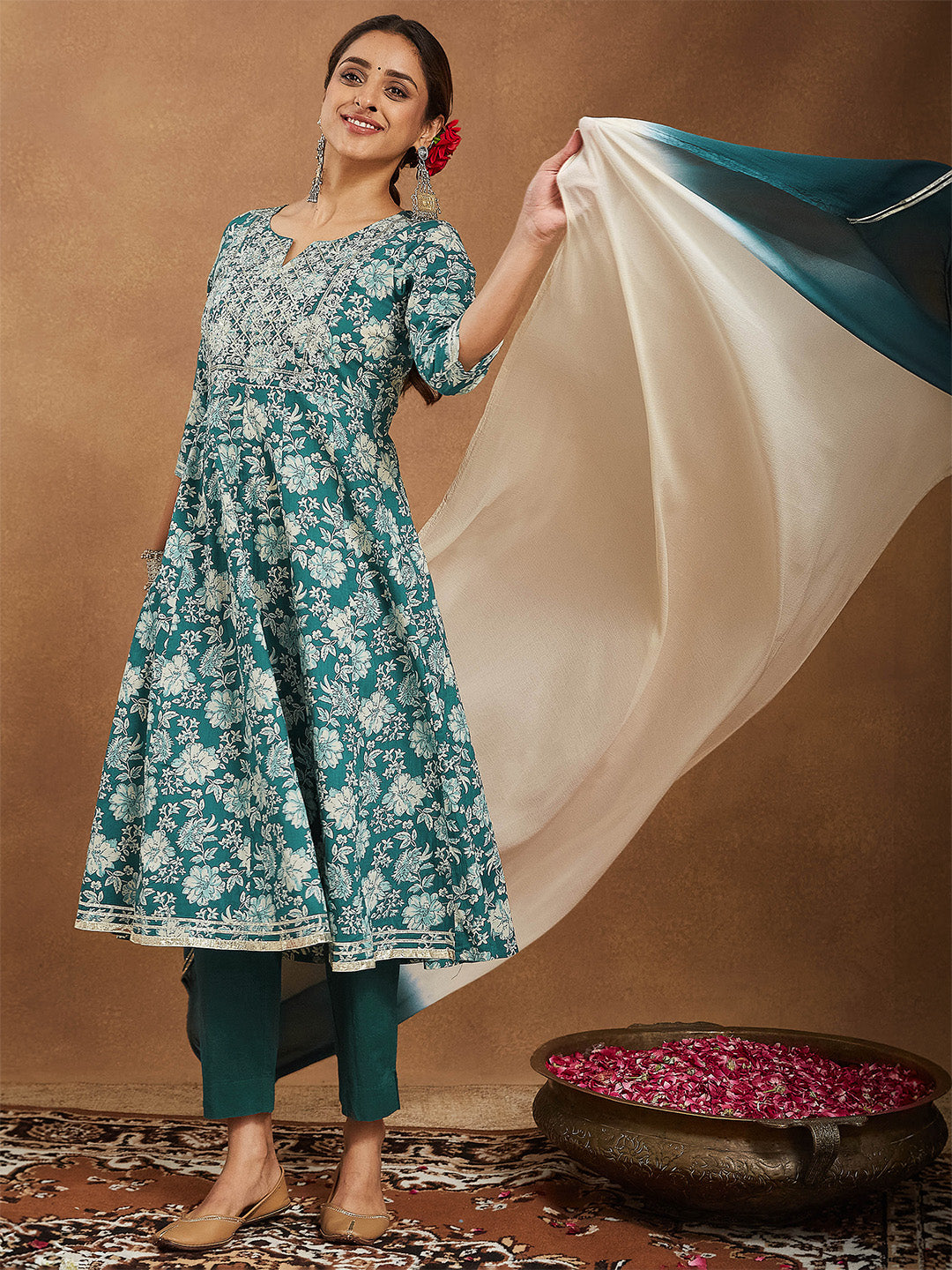 Women's Teal Green Pure Cotton Yoke Embroidered Floral Printed Anarkali Kurta Set