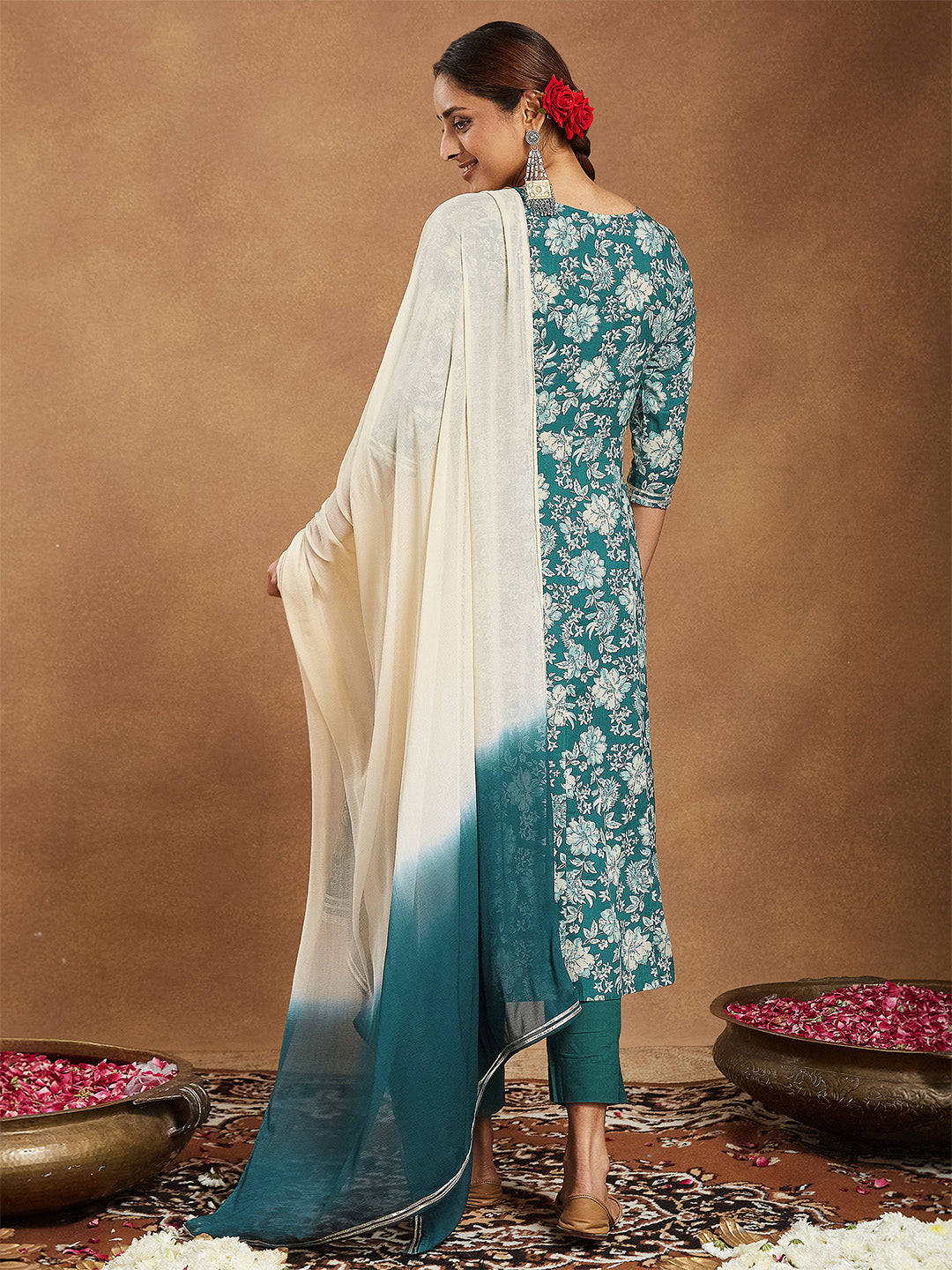 Women's Teal Green Pure Cotton Yoke Embroidered Floral Printed Anarkali Kurta Set