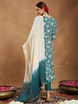 Women's Teal Green Pure Cotton Yoke Embroidered Floral Printed Anarkali Kurta Set